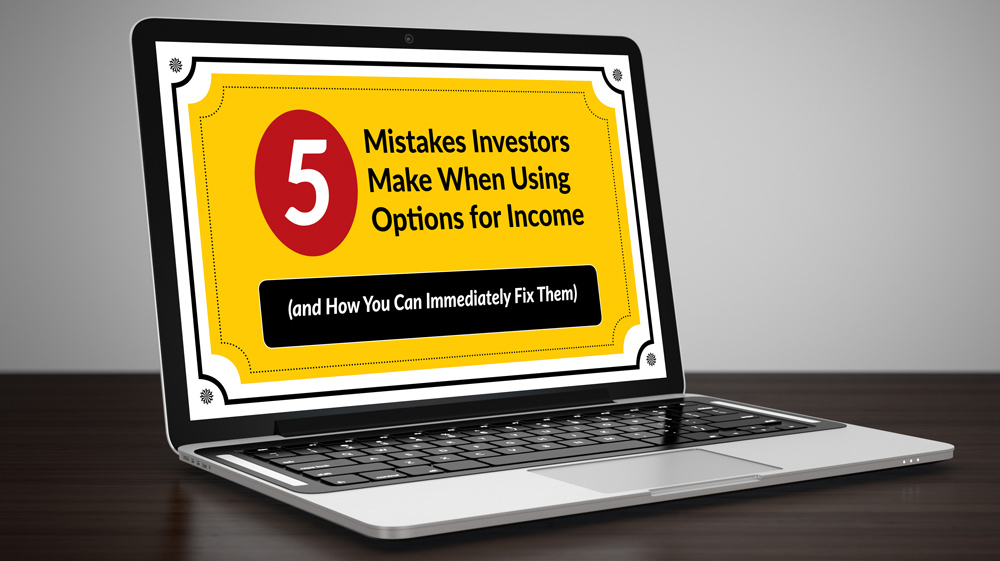 Laptop with '5 mistakes make when using options for income' on screen